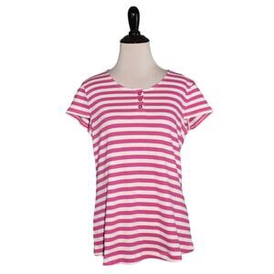 DENIM & CO. NEW $39 Striped Knit Gauze Scoop‎ Neck Henley Top Orchid Pink XXS